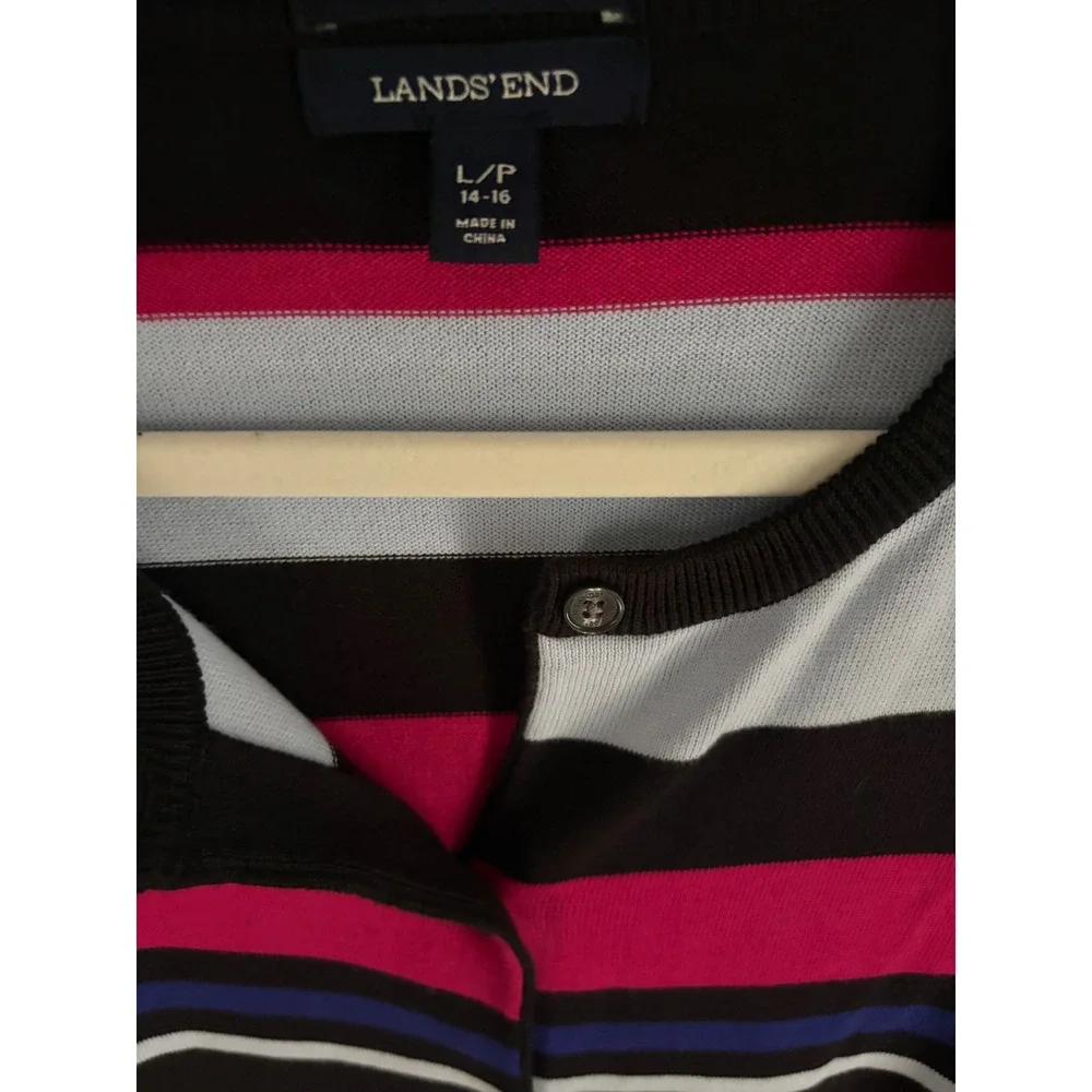 Lands End Womens Large Petite Supima Cotton Striped Cardigan Sweater Multi Color